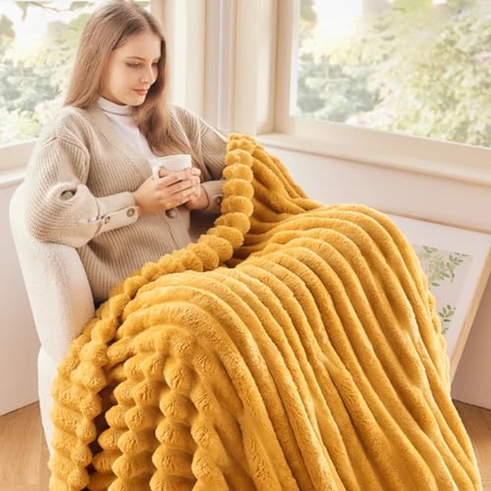 NEWCOSPLAY Super Soft Twin Blanket Mustard Yellow Premium Silky Flannel Fleece 3D Ribbed Jacquard Lightweight Bed Blanket All Season Use (Mustard Yellow Ribbed, Twin(60"x80")) by NEWCOSPLAY - Image 2