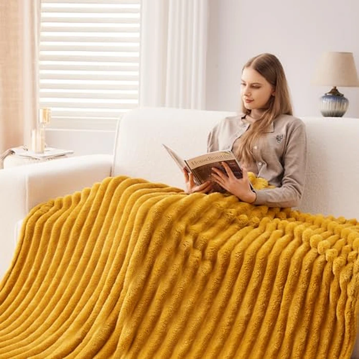 NEWCOSPLAY Super Soft Twin Blanket Mustard Yellow Premium Silky Flannel Fleece 3D Ribbed Jacquard Lightweight Bed Blanket All Season Use (Mustard Yellow Ribbed, Twin(60"x80")) by NEWCOSPLAY - Image 3