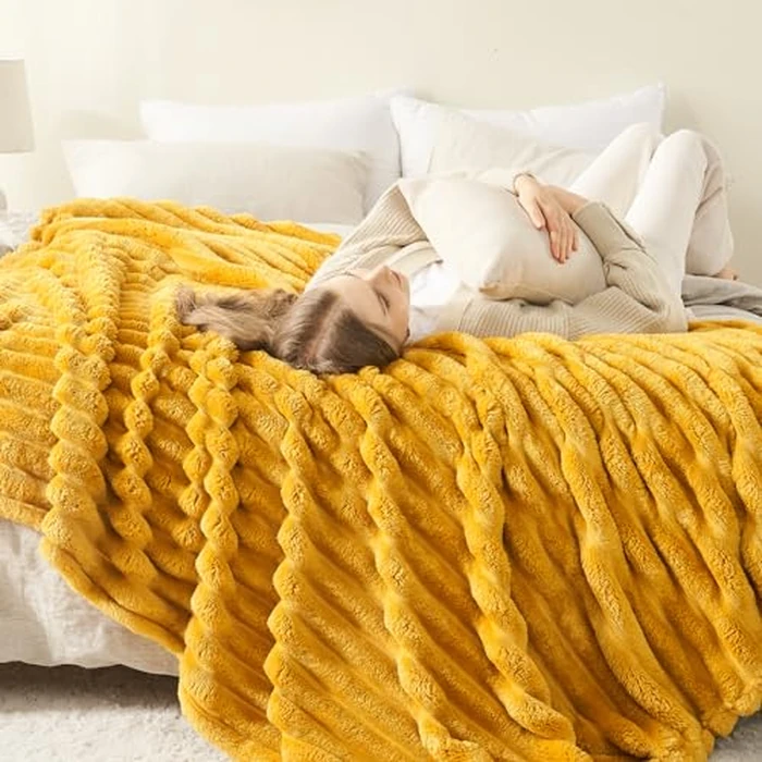 NEWCOSPLAY Super Soft Twin Blanket Mustard Yellow Premium Silky Flannel Fleece 3D Ribbed Jacquard Lightweight Bed Blanket All Season Use (Mustard Yellow Ribbed, Twin(60"x80")) by NEWCOSPLAY - Image 4