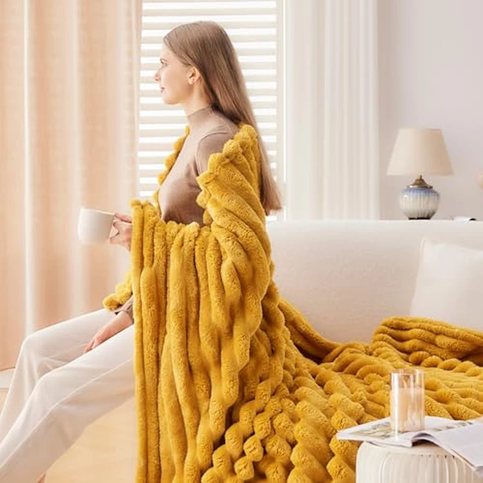 NEWCOSPLAY Super Soft Twin Blanket Mustard Yellow Premium Silky Flannel Fleece 3D Ribbed Jacquard Lightweight Bed Blanket All Season Use (Mustard Yellow Ribbed, Twin(60"x80")) by NEWCOSPLAY - Image 5
