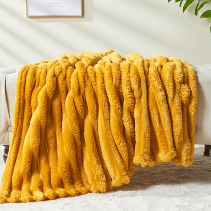 NEWCOSPLAY Super Soft Twin Blanket Mustard Yellow Premium Silky Flannel Fleece 3D Ribbed Jacquard Lightweight Bed Blanket All Season Use (Mustard Yellow Ribbed, Twin(60"x80")) by NEWCOSPLAY - Image 6