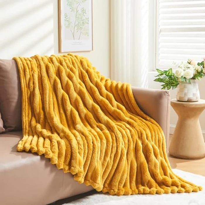 NEWCOSPLAY Super Soft Twin Blanket Mustard Yellow Premium Silky Flannel Fleece 3D Ribbed Jacquard Lightweight Bed Blanket All Season Use (Mustard Yellow Ribbed, Twin(60"x80")) by NEWCOSPLAY - Image 8