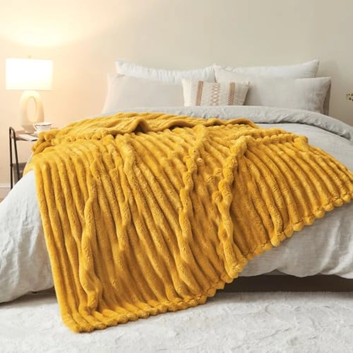 NEWCOSPLAY Super Soft Twin Blanket Mustard Yellow Premium Silky Flannel Fleece 3D Ribbed Jacquard Lightweight Bed Blanket All Season Use (Mustard Yellow Ribbed, Twin(60"x80")) by NEWCOSPLAY - Image 9