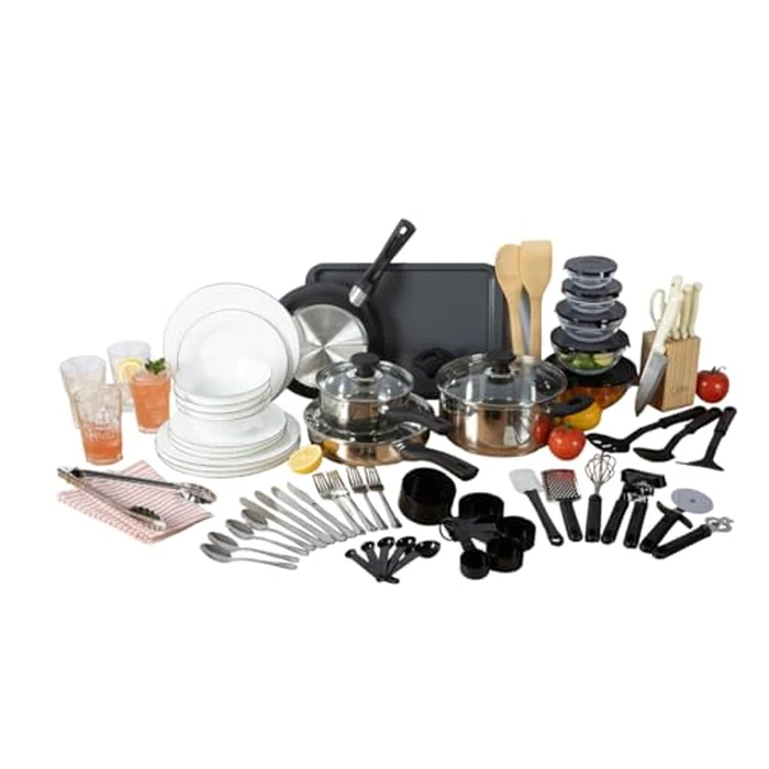 Gibson Home 74 Piece Kitchen in a Box Pots and Pans Cookware, Plates and Bowls Dinnerware, Cutlery Knife Block, Flatware Utensils, Tools & Gadgets, Storage, Glasses Set by Gibson Home - Image 1