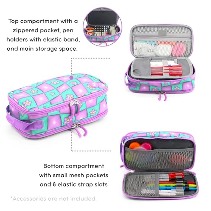 J World New York Doodle Large Capacity Pencil Case. 2 Compartment Pouch Pen Bag for School Teen Girl Boy Women, Puffy Flower by J World New York - Image 2