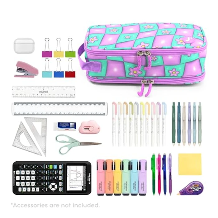 J World New York Doodle Large Capacity Pencil Case. 2 Compartment Pouch Pen Bag for School Teen Girl Boy Women, Puffy Flower by J World New York - Image 3