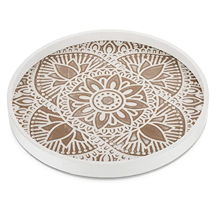 Hanobe Decorative Serving Tray Round: Farmhouse Coffee Table Decor Boho White Mandala Trays for Living Room Kitchen Bathroom Display by Hanobe - Image 1