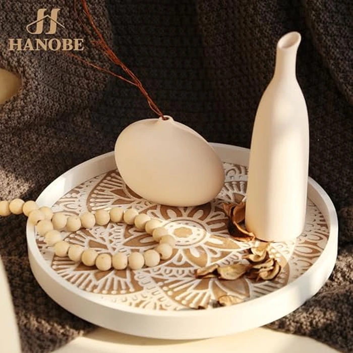 Hanobe Decorative Serving Tray Round: Farmhouse Coffee Table Decor Boho White Mandala Trays for Living Room Kitchen Bathroom Display by Hanobe - Image 2