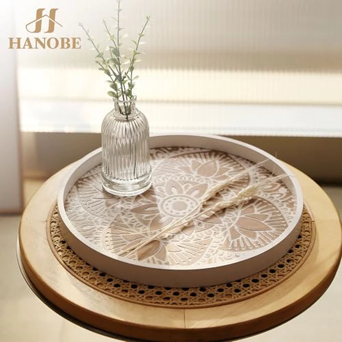 Hanobe Decorative Serving Tray Round: Farmhouse Coffee Table Decor Boho White Mandala Trays for Living Room Kitchen Bathroom Display by Hanobe - Image 6