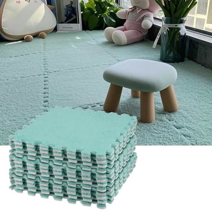 HOZEON 12 Pcs 12 x 12 Inch Interlocking Carpet Fluffy Tiles,Square Foam Floor Mat Tiles with Border,EVA Plush Foam Mats Shaggy Playmat for Parlor,Bedroom,Game Room, Blue(Include 12Pcs Borders) by HOZEON - Used - Like New condition - CA$21.29