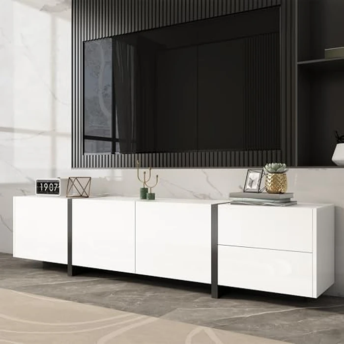 67" Modern TV Stand with High-Gloss Front, LED Strip Light, Flip-Down Door, Drawer & Cabinets, Media Console for Living Room Entertainment Center, White by Christopher Knight Home - Used - Very Good condition