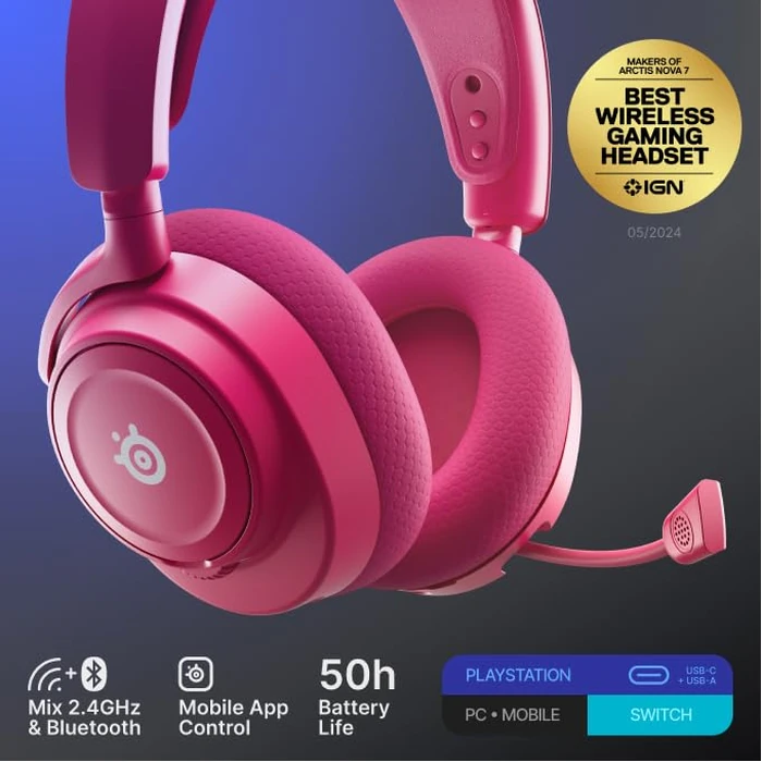 SteelSeries Arctis Nova 7P Wireless Gen 2 Gaming Headset - Real-Time App Control, 50+ HR Play, Neodymium Magnetic Drivers, Mix 2.4GHz/Bluetooth, PS5, PS4, PC, Switch 1/2, Mobile - Magenta by SteelSeries - Image 2