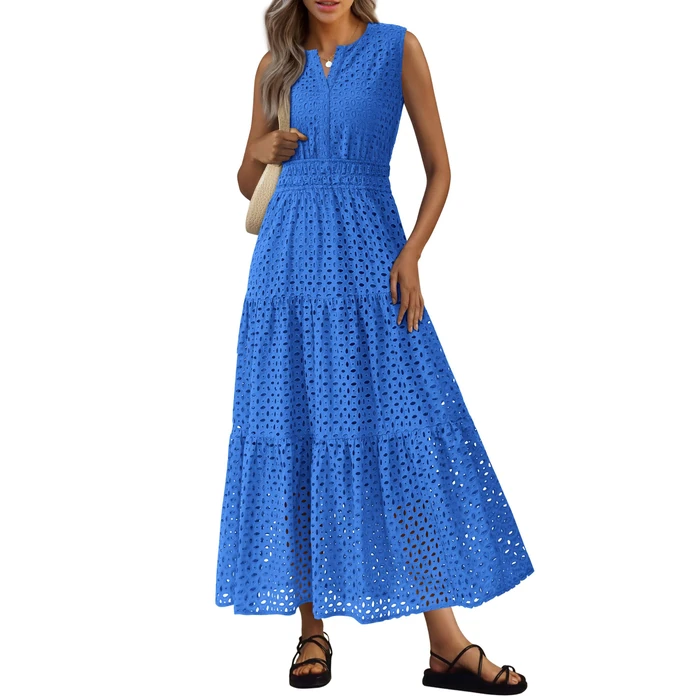 PRETTYGARDEN Womens 2026 Summer Maxi Dresses Sleeveless Sundresses V Neck Eyelet A Line Long Flowy Spring Wedding Guest Dress (Blue,Medium) by PRETTYGARDEN - Used - Like New condition