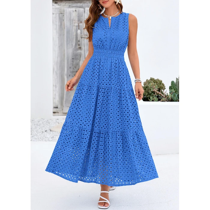 PRETTYGARDEN Womens 2026 Summer Maxi Dresses Sleeveless Sundresses V Neck Eyelet A Line Long Flowy Spring Wedding Guest Dress (Blue,Medium) by PRETTYGARDEN - Image 2