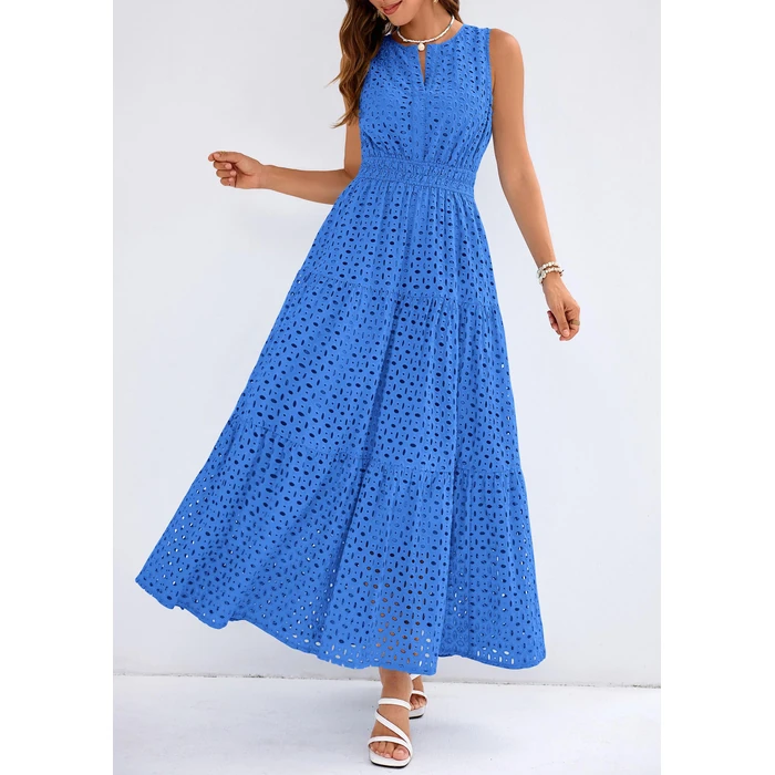 PRETTYGARDEN Womens 2026 Summer Maxi Dresses Sleeveless Sundresses V Neck Eyelet A Line Long Flowy Spring Wedding Guest Dress (Blue,Medium) by PRETTYGARDEN - Image 6