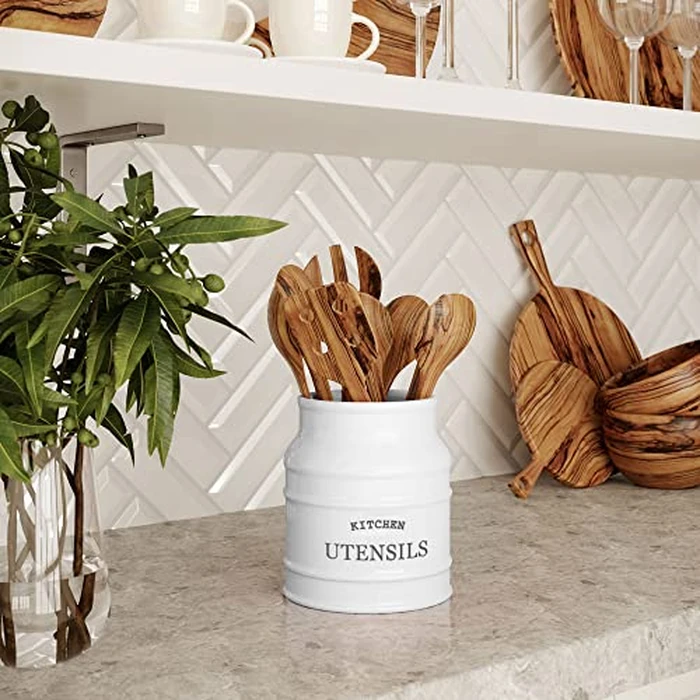 Barnyard Designs Ceramic Farmhouse Utensil Holder for Kitchen Counter, Large Rustic Utensil Crock, Countertop Cooking Tool Spatula Organizer, 6.75” (White) by Barnyard Designs - Image 5