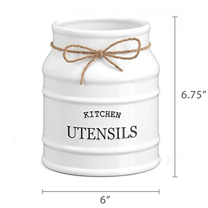 Barnyard Designs Ceramic Farmhouse Utensil Holder for Kitchen Counter, Large Rustic Utensil Crock, Countertop Cooking Tool Spatula Organizer, 6.75” (White) by Barnyard Designs - Image 7