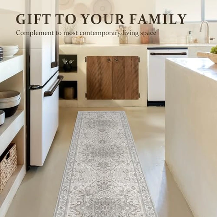 Runner Rug Washable Hallway Runner Boho Kicthen Runner Deerly 2x7 Bohemian Vintage Throw Rug Faux Wool Non-Slip Low-Pile Floor Carpet for Indoor Front Entryway Bathroom Bedroomm, Beige by Deerly - Image 2