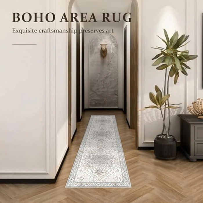 Runner Rug Washable Hallway Runner Boho Kicthen Runner Deerly 2x7 Bohemian Vintage Throw Rug Faux Wool Non-Slip Low-Pile Floor Carpet for Indoor Front Entryway Bathroom Bedroomm, Beige by Deerly - Image 4