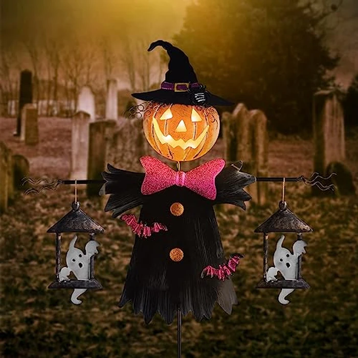 LIGHTSHINE Metal Scarecrow Shape Jack O' Lantern, Iron Solar Halloween Yard Decorations Outdoor, Solar Pathway Stake Halloween Lights Decor for Garden, Farmhouse, Patio, Yards (Scarecrow) by LIGHTSHINE - Used - Very Good condition