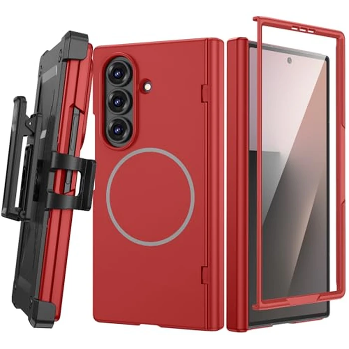 Maxdara for Galaxy Z Fold 7 Magnetic Case, with Belt Clip Holster & Hinge Protection & Compatible with Magsafe & Tempered Glass Screen Protector Magnet Hard Cover for Samsung Z Fold 7 - Red by Maxdara - Image 1