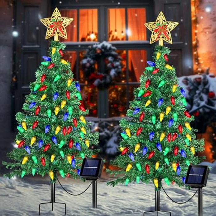 ReyeeInc Outdoor Christmas Trees with Lights, Solar Powered Xmas Tree Lights Decorations with 50 LEDs and 8 Modes for Yard, Lawn, Pathway, Garden, Front Porch, Cemetery, Graveside Decor (2 Pack) by ReyeeInc - Used - Very Good condition - CA$15.86