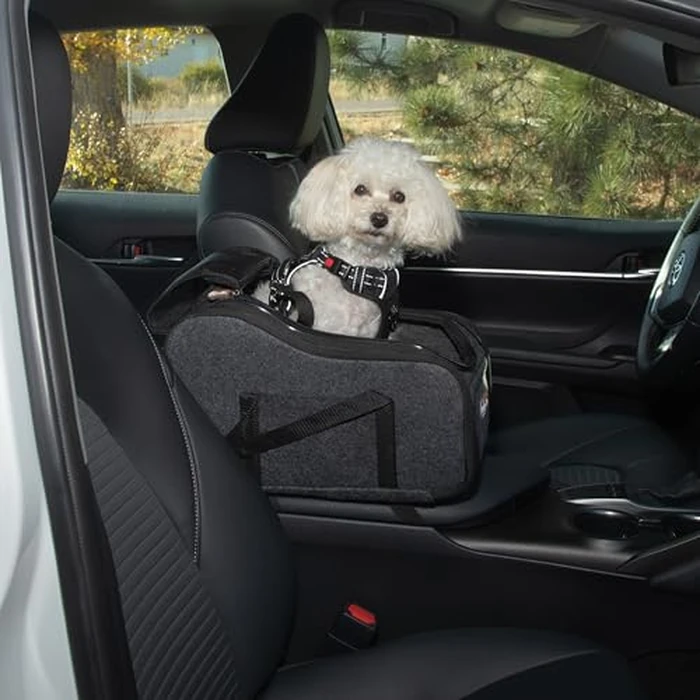 K&H Pet Products Center Console Dog Car Seat for Small Dogs & Cats, Secure Armrest Booster Pet Carrier with Safety Tether, Zippered Enclosure, 2 Pockets, Washable Plush Pad, for Pets Under 8 lbs. by K&H - Image 1