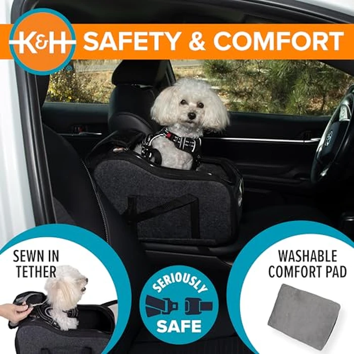 K&H Pet Products Center Console Dog Car Seat for Small Dogs & Cats, Secure Armrest Booster Pet Carrier with Safety Tether, Zippered Enclosure, 2 Pockets, Washable Plush Pad, for Pets Under 8 lbs. by K&H - Image 5
