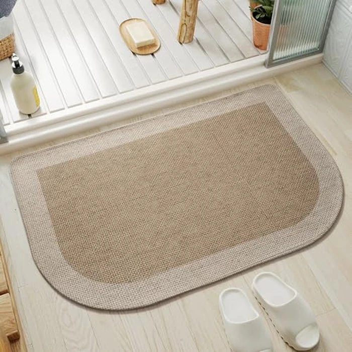 Bathroom Rugs Mat 20x31, Ultra Thin Non Slip Bath Mats for Bathtub Quick Dry Absorbent Rubber Bathroom Mat Fit Under Door, Washable Half Round Bath Rugs, Beige Brown by YDKGL - Used - Very Good condition