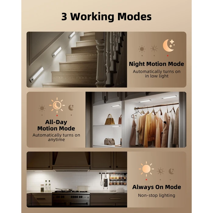 EZVALO 5-Pack Under Cabinet Lighting, 2400mAh Rechargeable Motion Sensor Light, 10inch Magnetic Closet Lights with Dimmable & 3 Color Temps, Wireless Motion Activated Lights with Remote for Kitchen by EZVALO - Image 8