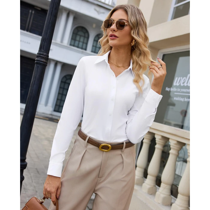 siliteelon Button Down Shirts for Women Slim Fit Stretch Long Sleeve Dress Shirt Wrinkle Resistant Office Blouse Work White S by siliteelon - Image 3