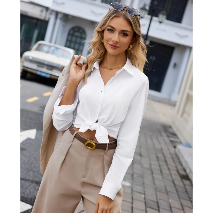 siliteelon Button Down Shirts for Women Slim Fit Stretch Long Sleeve Dress Shirt Wrinkle Resistant Office Blouse Work White S by siliteelon - Image 5