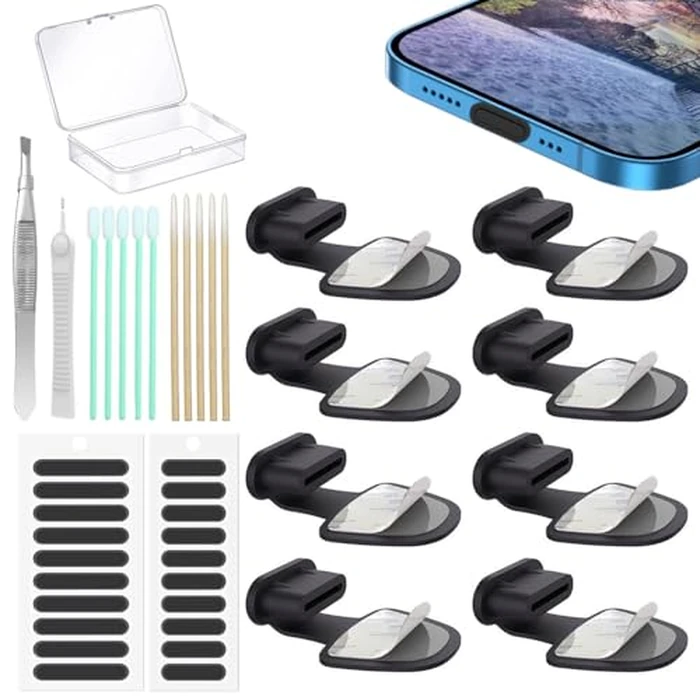 8PCS USB Type C Anti Dust Plugs Cover, C-Type Port Dust Plug, USB C Dust Cover, Anti-Lost USB C Charging Port Dust Covers Protectors for iPhone 15 16 17 Plus/Pro/Max, with Speaker Mesh Cover by Jstincal - Used - Like New condition - US$7.19