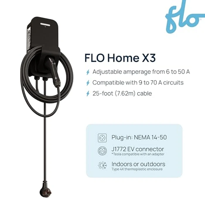 FLO Home X3 Level 2 Electric Vehicle Charging Station, 12 kW at 50 amp/240 V, Fast Home Charging for All EVs (J1772), NEMA 14-50 Plug, UL/Energy Star Certified, 25 ft Cable, Toughest Outdoor Rating by FLO - Image 2