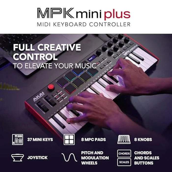 Akai Professional MPK Mini Plus - USB MIDI Keyboard Controller with 37 Mini Keys, 8 MPC Pads, Sequencer, MIDI/CV/Gate I/O, Music Production Software and Native Instruments Sound Package by Akai Professional - Image 2