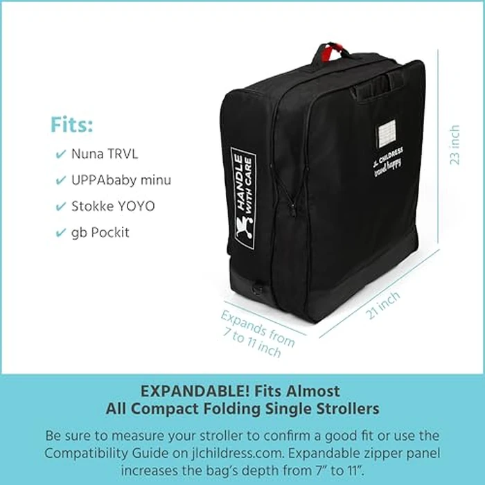 J.L. Childress Padded Compact Travel Stroller Bag for Airplane - Fits Most Compact-Fold Single Baby Strollers, AirTag Compatible, Black, Expands from 21"W x 23"H x 7"D to 21"W x 23"H x 11"D by J.L. Childress - Image 3