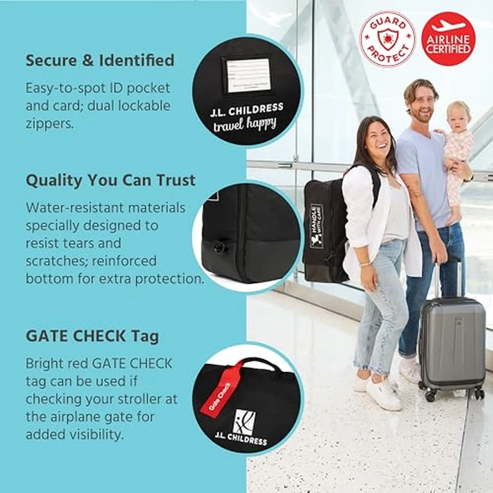 J.L. Childress Padded Compact Travel Stroller Bag for Airplane - Fits Most Compact-Fold Single Baby Strollers, AirTag Compatible, Black, Expands from 21"W x 23"H x 7"D to 21"W x 23"H x 11"D by J.L. Childress - Image 6