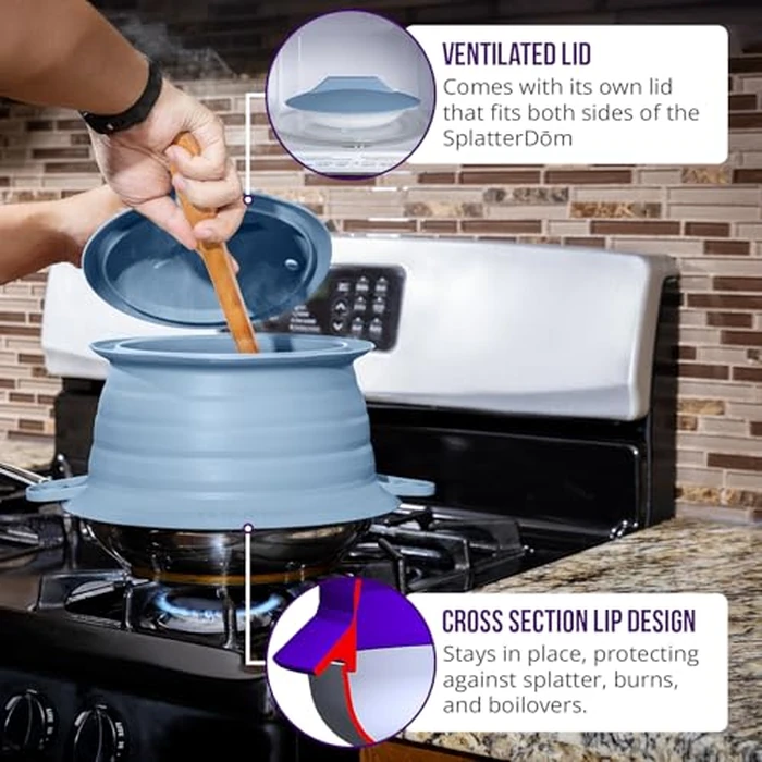 L.I.Q Silicone Splatter Guard - Fits 10 and 12 Inch Pots (25 and 30 Centimeters) - Microwave Safe and Durable SplatterDom - Includes 10” Lid - Food and Oil Splash Guard (Blue Steel, Large) by L.I.Q. - Image 5