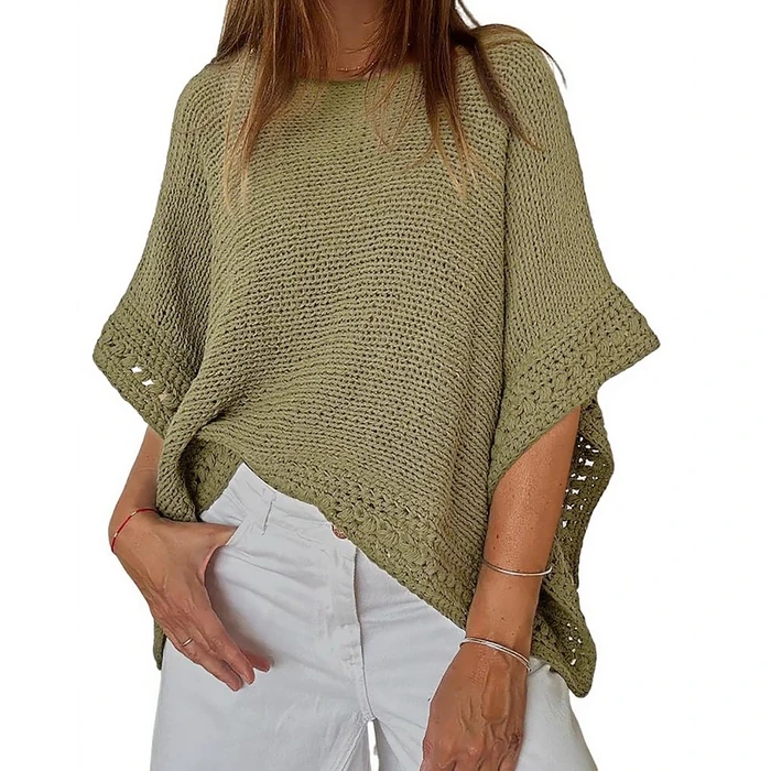 CHICME Women's Knit Tops 3/4 Batwing Sleeve Tops for Women Hollow-Out Pattern Edges Crochet Top Casual Women's Pullover Sweaters Green-L by CHICME - Used - Like New condition - US$14.85