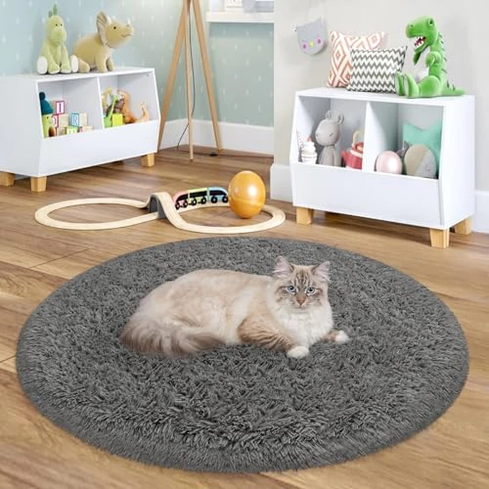 Fixseed Grey Rug 3x3 Ft Small Round Fluffy Rug for Bedroom Shaggy Circle Rug Soft Furry Carpet for Teen's Room Aesthetic Décor Circular Rug for Baby Nursery Dorm Living Room Playroom Home Decor by Fixseed - Used - Very Good condition