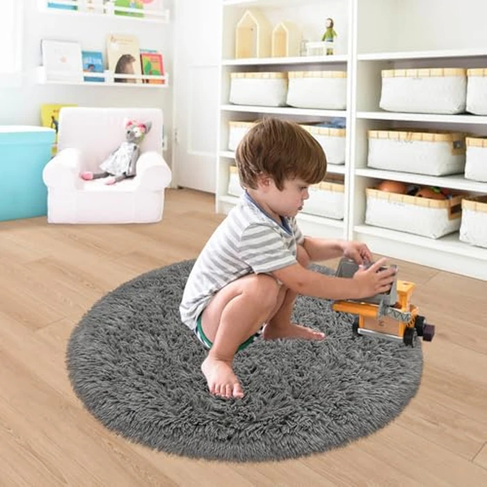 Fixseed Grey Rug 3x3 Ft Small Round Fluffy Rug for Bedroom Shaggy Circle Rug Soft Furry Carpet for Teen's Room Aesthetic Décor Circular Rug for Baby Nursery Dorm Living Room Playroom Home Decor by Fixseed - Image 5