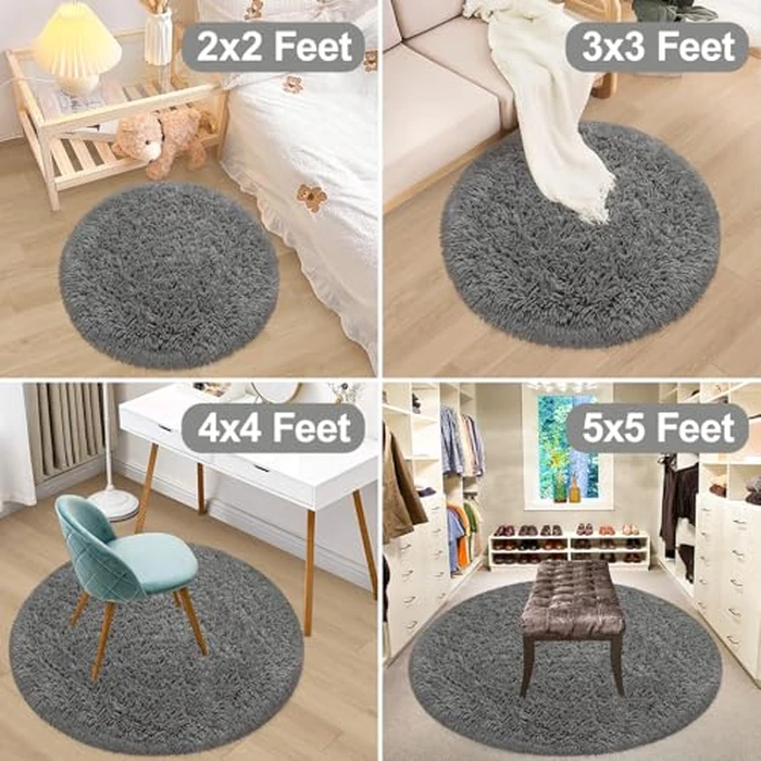 Fixseed Grey Rug 3x3 Ft Small Round Fluffy Rug for Bedroom Shaggy Circle Rug Soft Furry Carpet for Teen's Room Aesthetic Décor Circular Rug for Baby Nursery Dorm Living Room Playroom Home Decor by Fixseed - Image 9