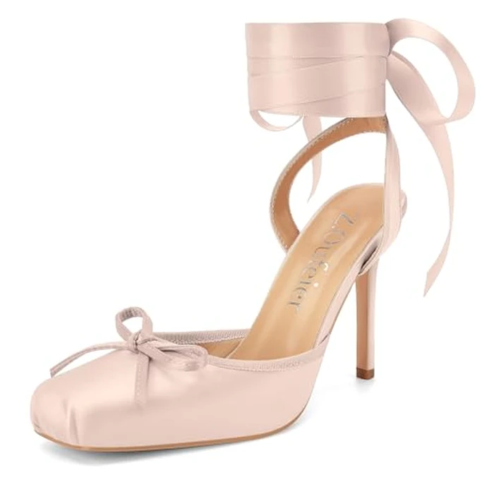 Women's Satin Ballet Heels Ballerina Bow Closed Square Toe Strappy Stiletto High Slingback Lace Up Ankle Strap Wrap Around Spiral Mary Janes Pumps Dress Shoes(Blush Baby Pink,7.5) by Z.Oufeier - Used - Like New condition