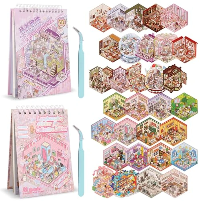 31 Sets DIY 3D Sticker Scene Collection Book for Kids Adults, Make Your Own Mini Room Scene Stickers, Funny Miniature 3D House Stickers Set, Cute Kawaii Stickers Therapy for Adult Stress Pass The Time by GLMFAN - Used - Very Good condition