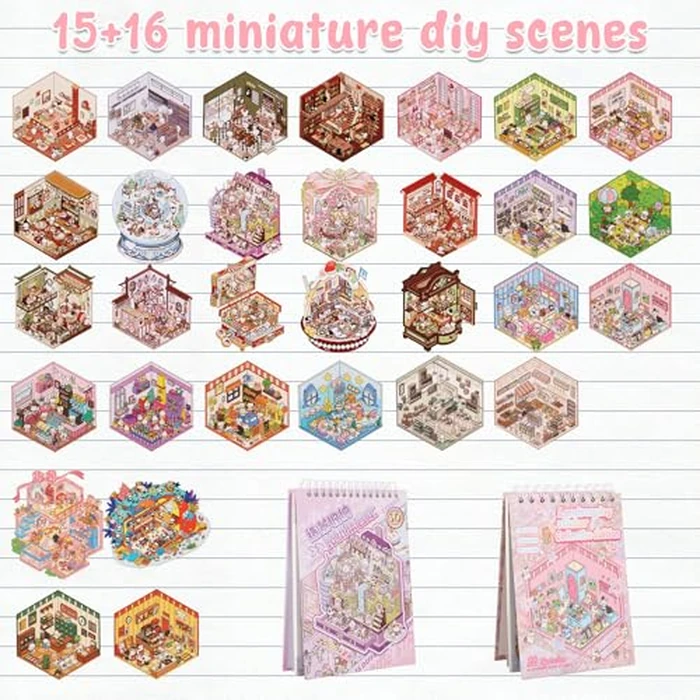 31 Sets DIY 3D Sticker Scene Collection Book for Kids Adults, Make Your Own Mini Room Scene Stickers, Funny Miniature 3D House Stickers Set, Cute Kawaii Stickers Therapy for Adult Stress Pass The Time by GLMFAN - Image 3
