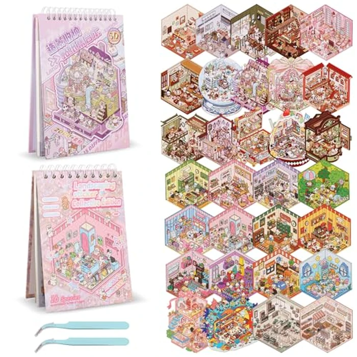 31 Sets DIY 3D Sticker Scene Collection Book for Kids Adults, Make Your Own Mini Room Scene Stickers, Funny Miniature 3D House Stickers Set, Cute Kawaii Stickers Therapy for Adult Stress Pass The Time by GLMFAN - Image 8