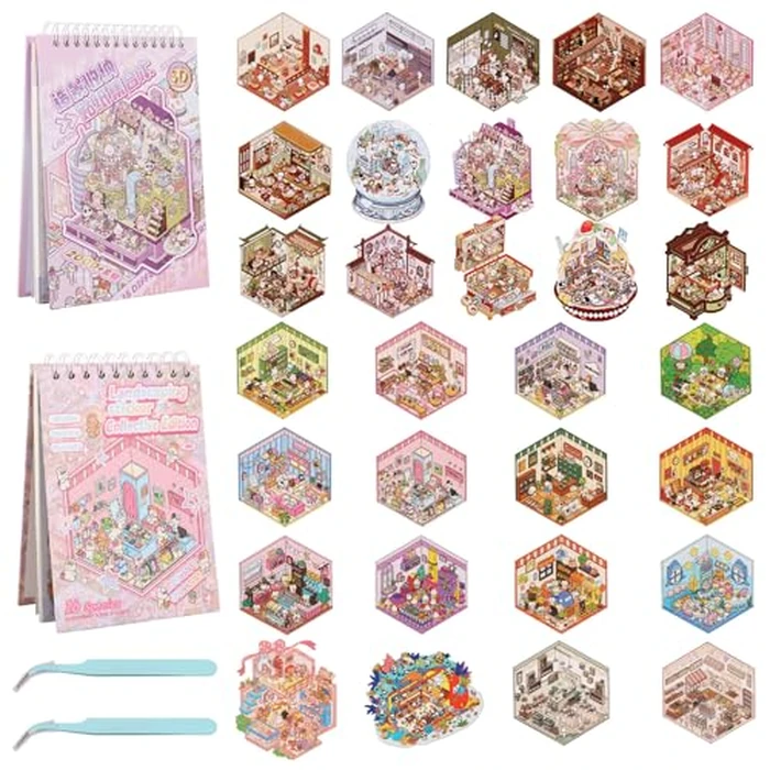 31 Sets DIY 3D Sticker Scene Collection Book for Kids Adults, Make Your Own Mini Room Scene Stickers, Funny Miniature 3D House Stickers Set, Cute Kawaii Stickers Therapy for Adult Stress Pass The Time by GLMFAN - Image 9