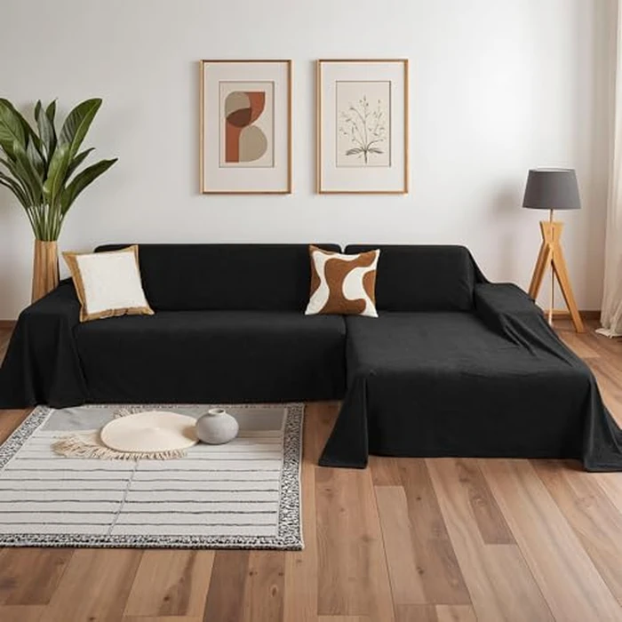 MYSKY HOME Sectional Couch Cover for Dogs, 2 Pieces Couch Covers for L Shape Sofa, Sofa Cover Washable, Furniture Protector Chaise Lounge Cover for 2-3 Cushion Couch (71"x118"+71"x118", Black) by MYSKY HOME - Image 1