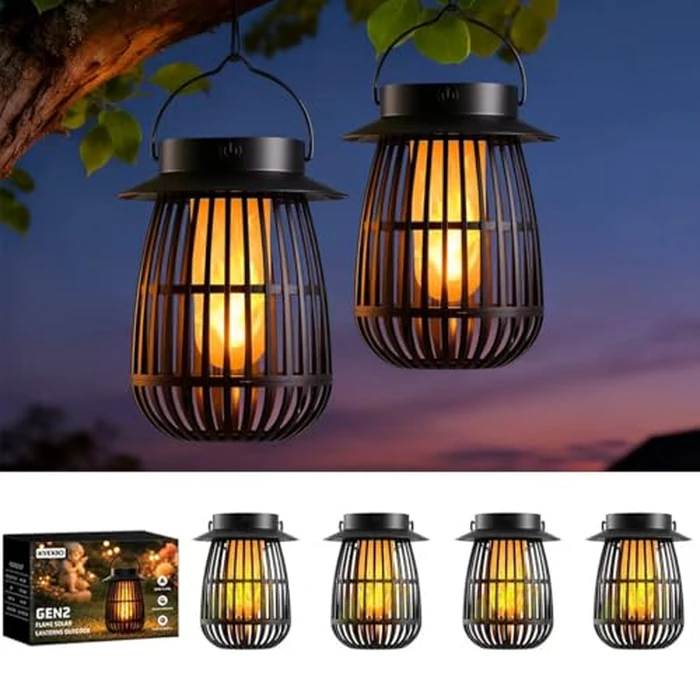 KYEKIO 4Pack Gen2 Flame Solar Lanterns Outdoor Waterproof, Solar Hanging Lantern Decorative, Flickering Flame Outdoor Lanterns Solar Powered, Lights for Yard Patio Garden Decor as Mothers Day Gifts by KYEKIO - Used - Like New condition