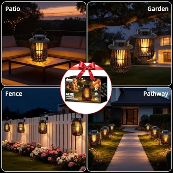 KYEKIO 4Pack Gen2 Flame Solar Lanterns Outdoor Waterproof, Solar Hanging Lantern Decorative, Flickering Flame Outdoor Lanterns Solar Powered, Lights for Yard Patio Garden Decor as Mothers Day Gifts by KYEKIO - Image 8